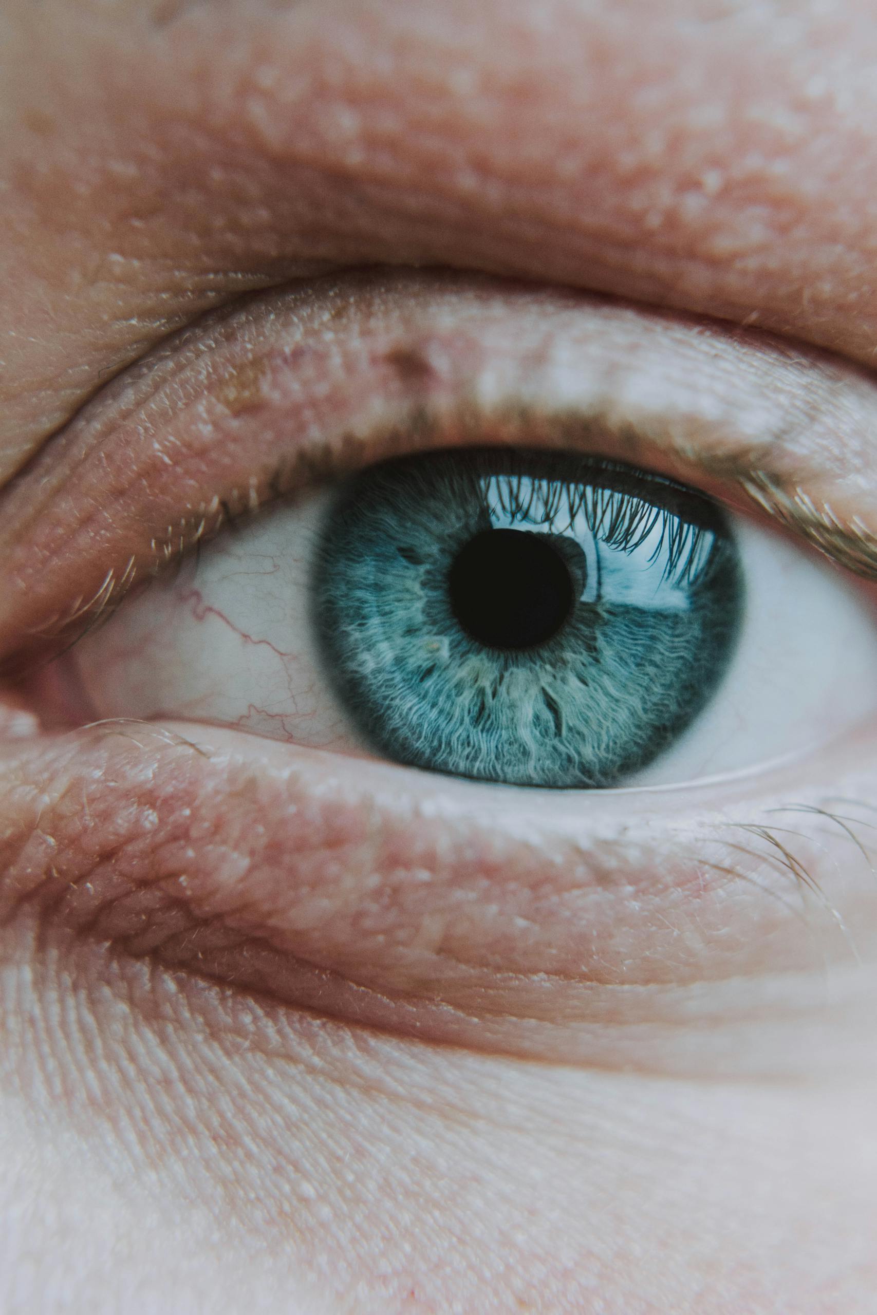 Intricate close-up of a blue eye showing detailed iris patterns and textures.